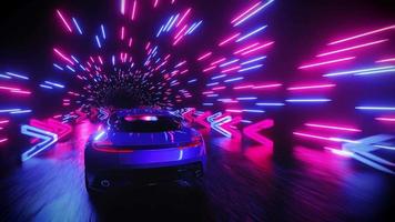 ein Sport Auto eilt durch ein Neon- Tunnel mit Richtung Zeichen. unendlich geloopt Animation. video