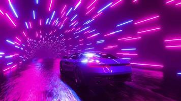 een sport- auto haast door een neon tunnel. oneindig lusvormige animatie. video