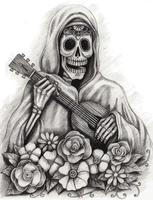 art fancy calavera tocando la guitarra dia de muertos. dibujo a mano y hacer vector gráfico.