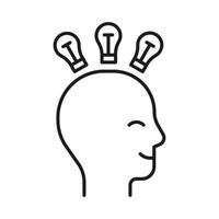 Head profile with think idea mind, line icon. Face with lightbulb. smart idea lamp symbol. Control of mind, positive thinking and inspiration, psychology. Vector