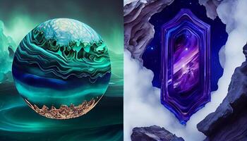 A Stunning Display of Molten Malachite, Amethyst, and Lapis Lazuli in a Dynamic and Organic Geological Formation Illustration photo