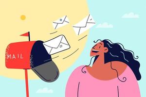 Excited woman open mailbox receive numerous post letters. Happy girl get postal correspondence or notifications at mail box. Vector illustration.