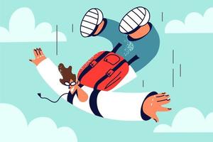 Happy man in goggles jump with parachute in sky. Smiling guy in glasses with backpack flying in air. Extreme sport and hobby. Vector illustration.