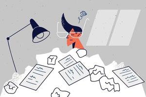 Male employee sit at desk with paper drafts overwhelmed with load. Stressed man with paperwork frustrated with workload. Overwork and fatigue. Vector illustration.