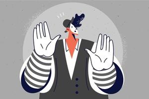 Man in costume and painted face mask working as mime. Male showing pantomime. Hobby and entertainment. Circus performer. Vector illustration.