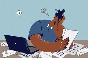 Tired male employee overwhelmed with office paperwork. Exhausted worker struggle with workload at workplace. Burnout and fatigue. Vector illustration.