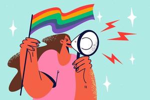 Woman with LGBT flag in hands scream in megaphone. Female activist shout in loudspeaker support minorities at pride parade. Vector illustration.