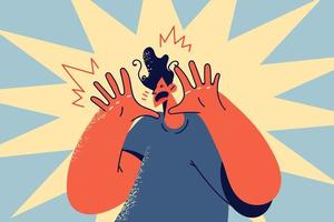 Man feel emotional scream making hand gesture. Terrified guy show stop gesture feeling fear and astonishment. Vector illustration.