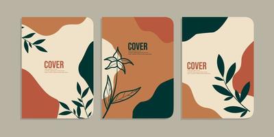 set of book cover designs with hand drawn foliage decorations. abstract retro botanical background. size A4 For notebooks, diaries, planners, brochures, books, catalogs vector