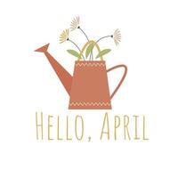 vector card hello april with funnel and flowers