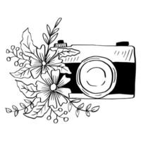 Retro photo camera with floral decoration. Hand drawing illustration. vector