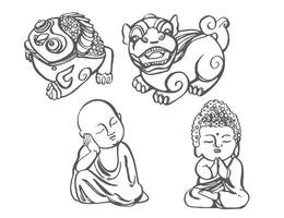 Tea ceremony. Buddha figurine. Vector hand drawn illustration.