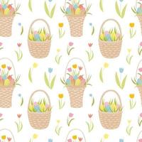 Easter basket with eggs seamless pattern. Hand drawn vector seamless pattern. Easter holiday decor. Wicker basket, coloured eggs, plants, tulips. Wrapping paper, holiday decor, home textile.