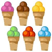 Set of vector illustration of ice cream. Waffle cups with three ice cream balls.