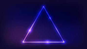 Neon triangle frame with shining effects on dark background. Empty glowing techno backdrop. Vector illustration.