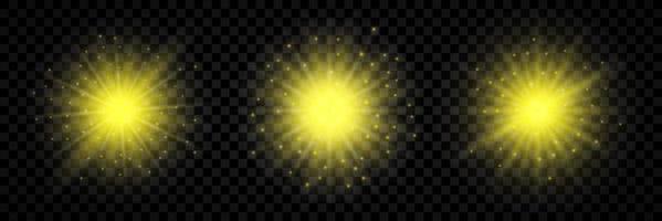 Light effect of lens flares. Set of three yellow glowing lights starburst effects with sparkles vector
