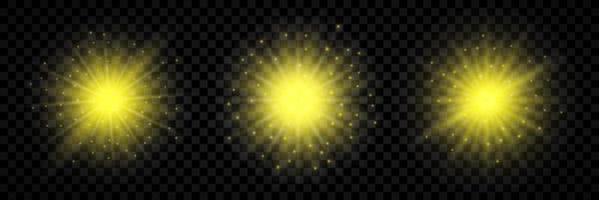 Light effect of lens flares. Set of three yellow glowing lights starburst effects with sparkles vector