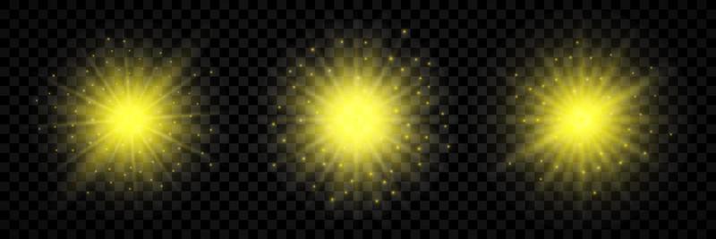 Light effect of lens flares. Set of three yellow glowing lights starburst effects with sparkles
