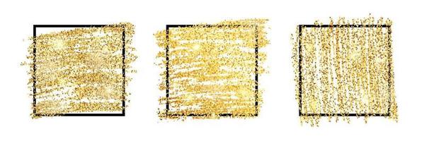 Set of three golden paint glittering backdrops with black square frames on a white background. Background with gold sparkles and glitter effect. Empty space for your text. Vector illustration