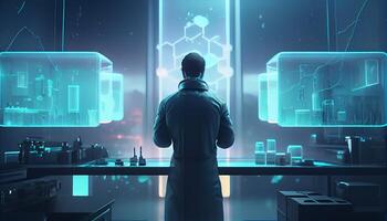 A scientist conducts experiments in the laboratory neon colored illustration for design photo