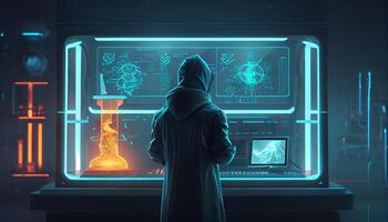 A scientist conducts experiments in the laboratory neon colored illustration for design photo