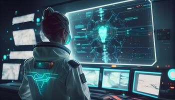 A scientist conducts experiments in the laboratory neon colored illustration for design photo