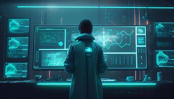 A scientist conducts experiments in the laboratory neon colored illustration for design photo