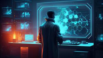 A scientist conducts experiments in the laboratory neon colored illustration for design photo