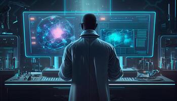 A scientist conducts experiments in the laboratory neon colored illustration for design photo