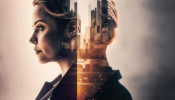 Business woman double exposure effect with city buildings photo