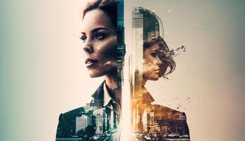 Business woman double exposure effect with city buildings photo