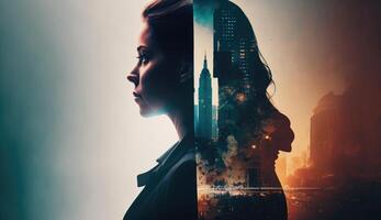 Business woman double exposure effect with city buildings photo