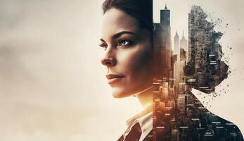 Business woman double exposure effect with city buildings photo