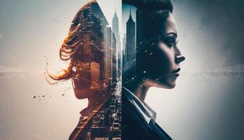 Business woman double exposure effect with city buildings photo