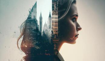 Business woman double exposure effect with city buildings photo