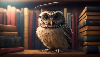 Wise owl wearing graduation cap and glasses against a stack of books on a table in a library among the shelves, photo