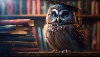 Wise owl wearing graduation cap and glasses against a stack of books on a table in a library among the shelves, photo