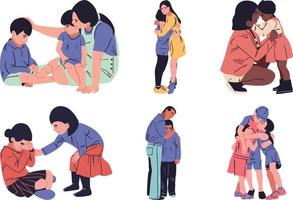 Mothers and children suffer from depression. Set of vector illustrations in flat cartoon style.