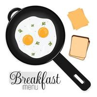 Frying eggs on frying pan. Breakfast menu logo on white background vector