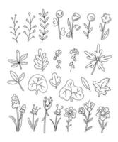 Big cute set with abstract flowers and flower characters. Doodle hand draw outline vector illustration.