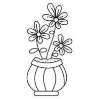 Abstract flowers in a pot second. Doodle vector black and white illustration.