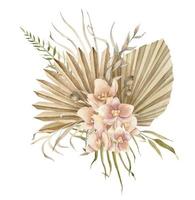 Dried Flowers in Boho style. Hand drawn watercolor illustration on isolated background for greeting cards or wedding invitations. Bohemian creamy bouquet with dry palm leaves in d pale pink orchids vector