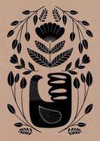 Symmetrical ornament with bird, flowers and leaves with different folk compositions. Motif in scandinavian style. Ethnic flat illustration with paper texture in black. vector