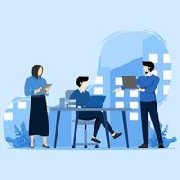 business man and woman working together. Teamwork in a co-working space. desk with computer and laptop, dialogue and communication at work between colleagues. Vector illustration in flat design style