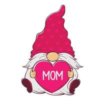 Gnome in a red hat holds a heart in his hands with the inscription mom vector