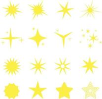 Vector set of stars icon. Bright golden yellow glowing stars on a white background. Space object, spark, flash, light. Good for stickers, web, print, newyear design, brochures, flyers.