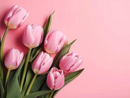 Tulips flower on pink background with beautiful tulips for Mother's Day.Generative Ai photo