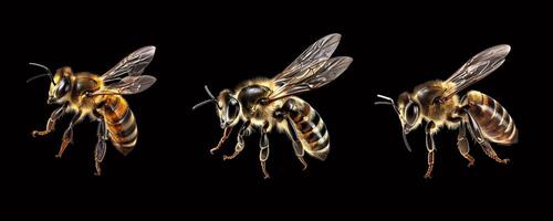 Bee flying on black background.Generative Ai photo