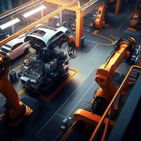 Modern car factory with automated robot arm assembly line manufacturing.Generative Ai. photo