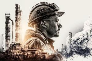 Double exposure art banner oil transportation Petrochemical oil and gas pipelines Refiners and power engineers working in the power industry. photo